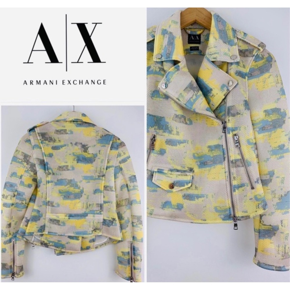 Armani Exchange AX Womens Abstract Mesh Moto Jacket Yellow Ivory Blue xxsmall
